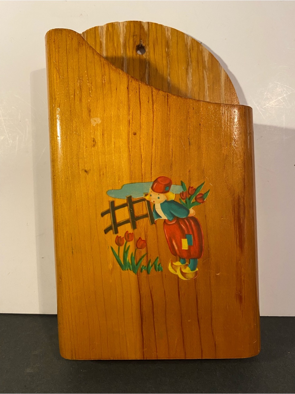 Vintage Hand-Painted Wooden Wall Hanging Knife Block with Dutch Girl Motif